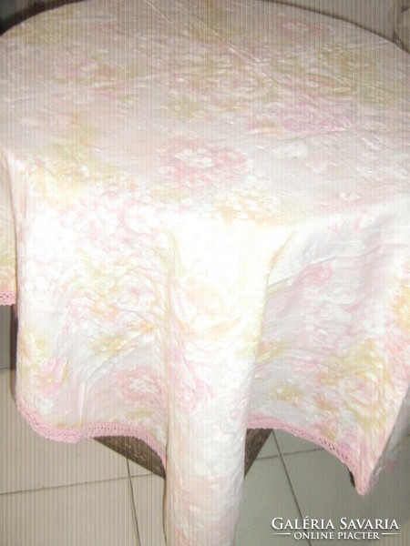 Beautiful vintage rosy tablecloth with elegant lacy edges