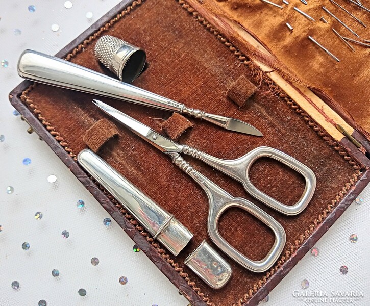 Antique silver sewing kit scissors needle holder thread knife