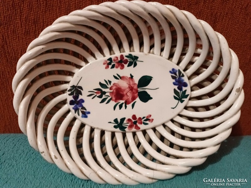 Hollóháza colorful floral patterned old openwork rhyolite basket/tray/woven table centerpiece