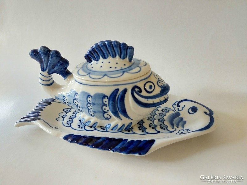 Russian gzhel handmade folk ceramic fish offering blue white caviar holder Russian fish tray 2 pcs