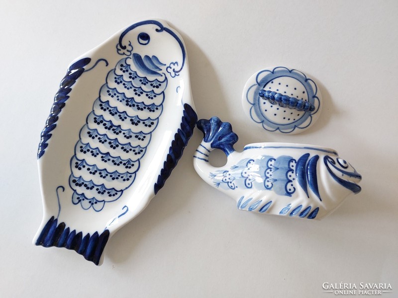 Russian gzhel handmade folk ceramic fish offering blue white caviar holder Russian fish tray 2 pcs