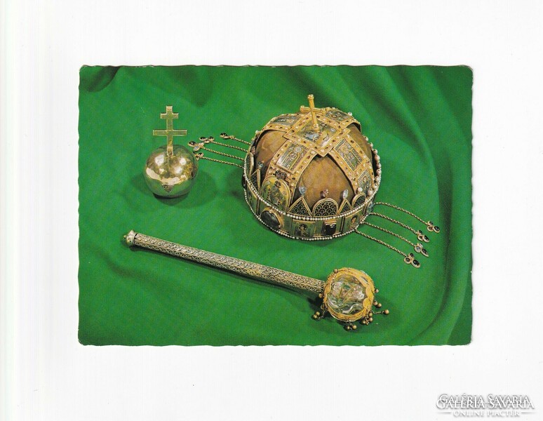 Hungarian holy crown, scepter and country apple postcard postmarked