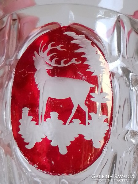 French cast glass mug hand painted engraved gilt deer red shield hunter pattern