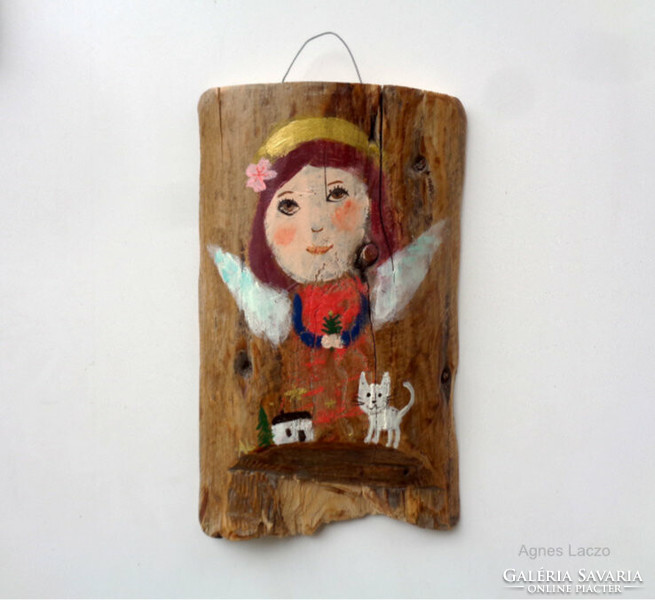 Blessing - Rustic Wood Decor, Wall Art, Angel, Saint, Woman, Mother, Kitten, Cat, House, Gold, Star