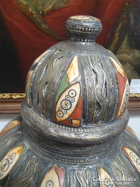 A really beautiful antique Persian vase. Hand painted, with bone inlay and metal decoration. 57 cm high.