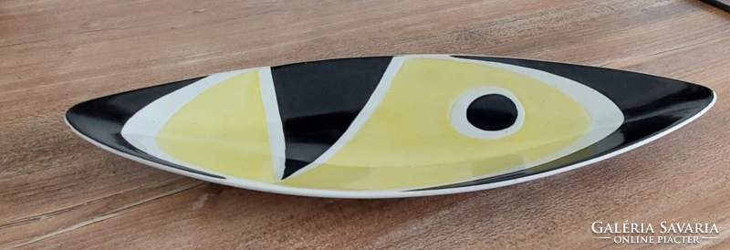 Fekete-sárga Török János  Zsolnay porcelán  modern csónaktányér, halas tál, kínáló, asztalközép
