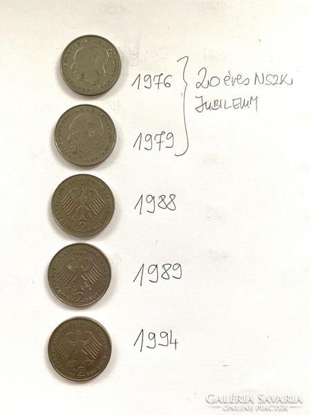 5 db NSZK 2 Márka 2 DM 1976-1994 (2 db jubileumi érme) német Németország