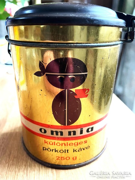 Régi OMNIA kávés bakelittetős csatos pléhdoboz, fémdoboz 250g, retro
