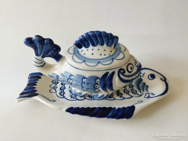 Russian gzhel handmade folk ceramic fish offering blue white caviar holder Russian fish tray 2 pcs