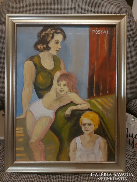 L.Kovács Júlia/Pósfai Júlia/Pósfainé: " Anya két gyermekével", festmény, olaj, falap, 35x48 cm