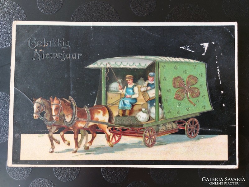 Old New Year's card clover horse carriage