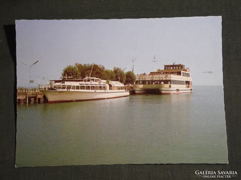 Postcard, balaton detail, pier, harbor, ship, Siófok catamaran, pleasure boat
