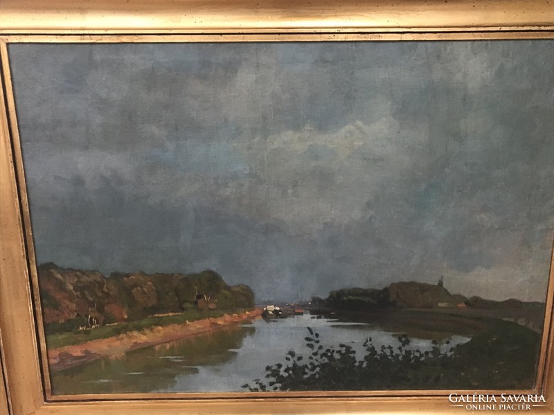 Szolnok painter, illegible sign (Lajos Szlányi?): Tisza coast oil, canvas