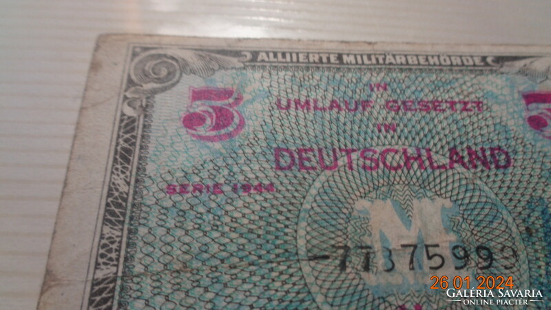 5 Mark  1944 . II. vh végén Szövetségi katonai valuta . német átmeneti pénz