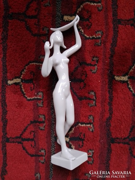 Ritka! régi fehér festetlen mázas Drasche porcelán figura, filigrán női akt tállal a fején hibátlan