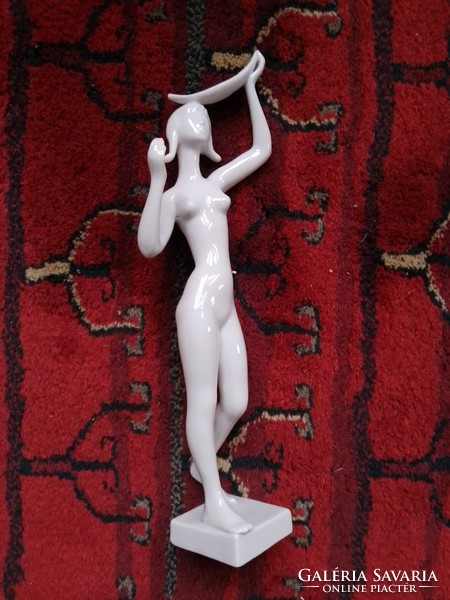 Rare! Old white unpainted glazed drasche porcelain figure, filigree female nude with bowl on head, flawless