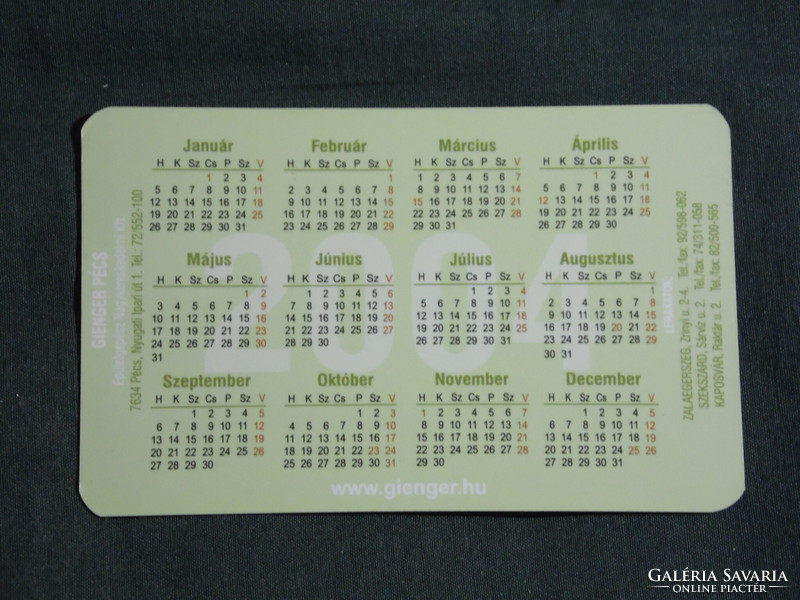Card calendar, smaller size, gienger building engineer bathroom salon store, Pécs, map, 2004, (6)