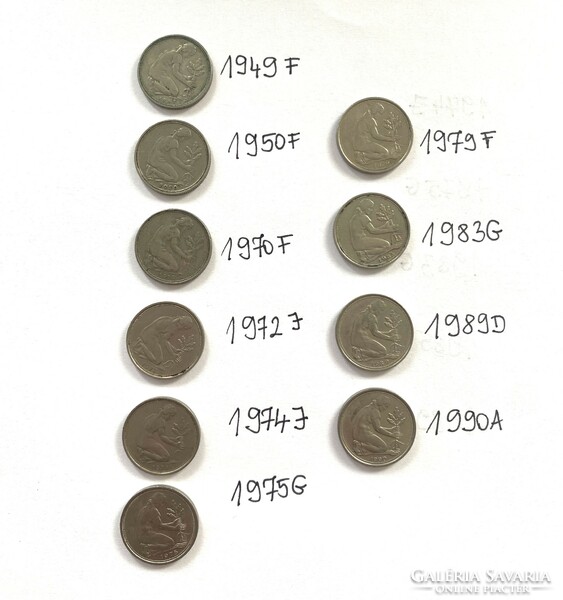 Each is a different vintage! 10 pieces of nsk 50 pfennig 1949-1990 German Germany