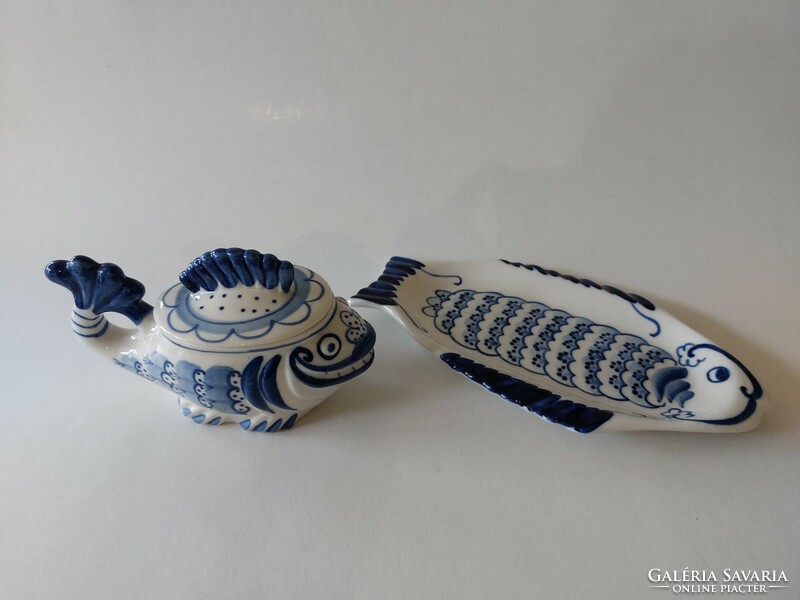 Russian gzhel handmade folk ceramic fish offering blue white caviar holder Russian fish tray 2 pcs