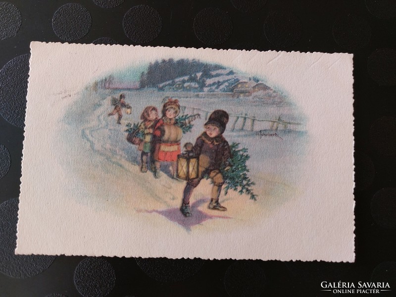 Régi karácsonyi képeslap H. Schubert grafikája