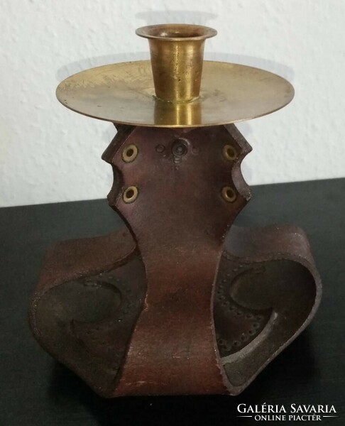 Old (handcrafted) genuine leather & copper candle holder for sale