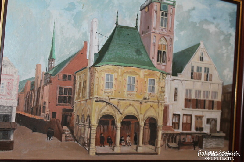 Antique painting - street scene - oil / wood