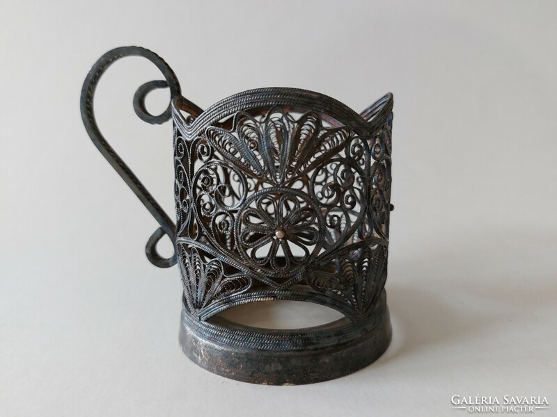 Old Russian cup holder metal filigree samovar tea cup holder