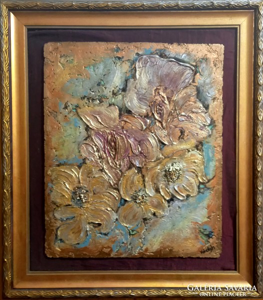 With a certificate from a Prima award-winning artist. Dream flowers 45x35 cm., Enamel painting. Zsófia Károlyfi (1952)