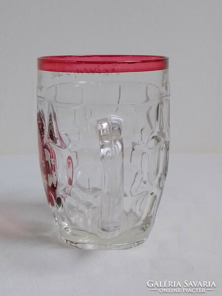 French cast glass mug hand painted engraved gilt deer red shield hunter pattern
