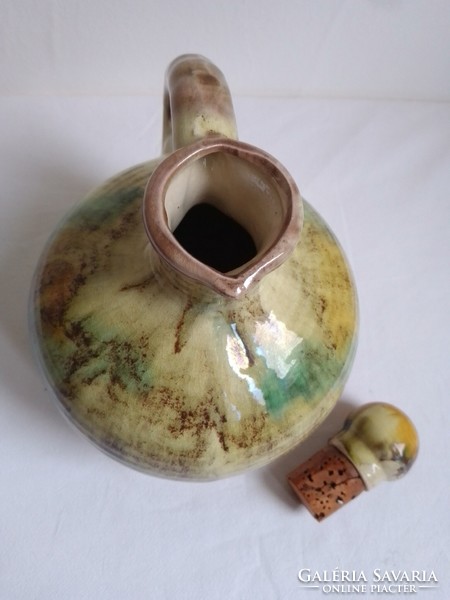Antik régi art deco színes csurgatott mázas fajansz kerámia füles kiöntő korsó gömb dugóval