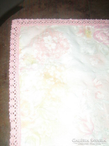 Beautiful vintage rosy tablecloth with elegant lacy edges