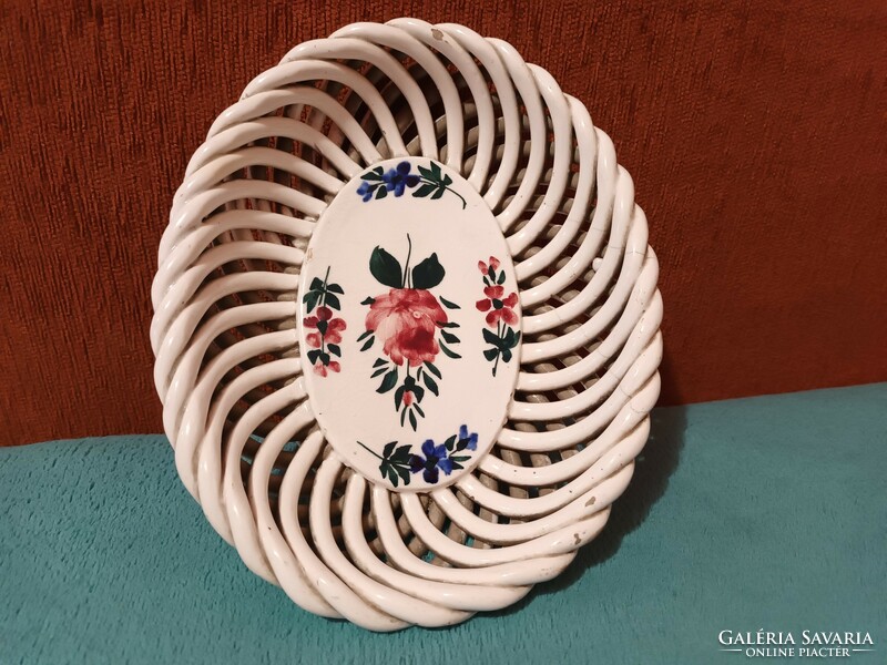 Hollóháza colorful floral patterned old openwork rhyolite basket/tray/woven table centerpiece