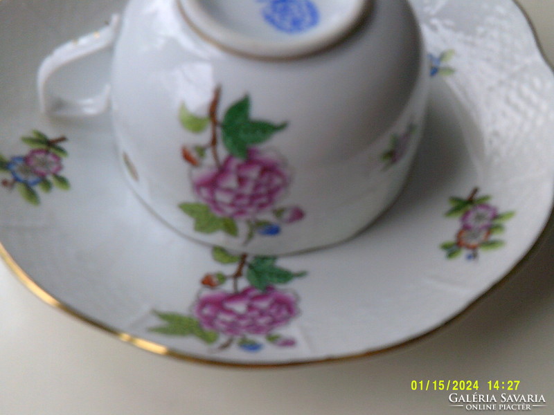 Herend Eton patterned porcelain tea cup + saucer plate, with basket-weave convex edge.
