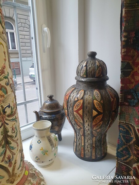 A really beautiful antique Persian vase. Hand painted, with bone inlay and metal decoration. 57 cm high.