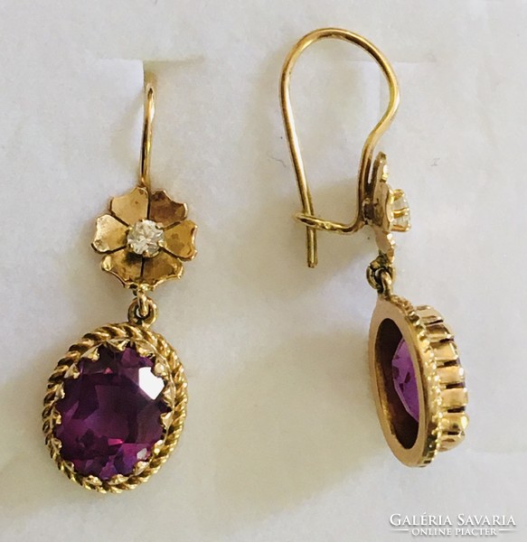 Art Nouveau style gold earrings flower amethyst purple stone