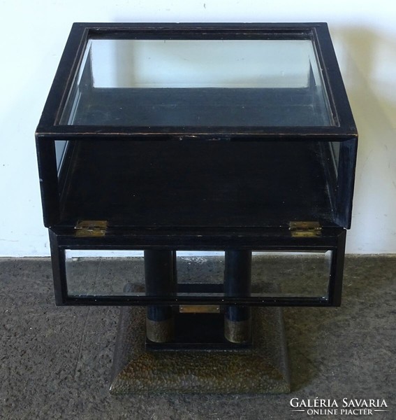 1Q159 antique Austrian etched glass black cabinet table with copper hammered legs.