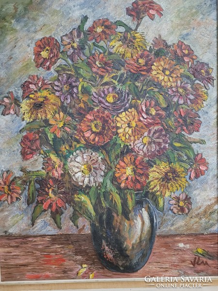 Vén Emil (1902 - 1984): flower still life oil on wood painting