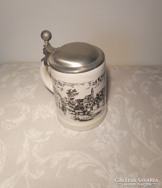 German tin top porcelain, city - castle life portrait theme, beer mug.