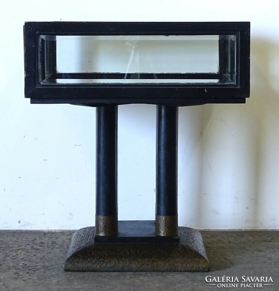 1Q159 antique Austrian etched glass black cabinet table with copper hammered legs.