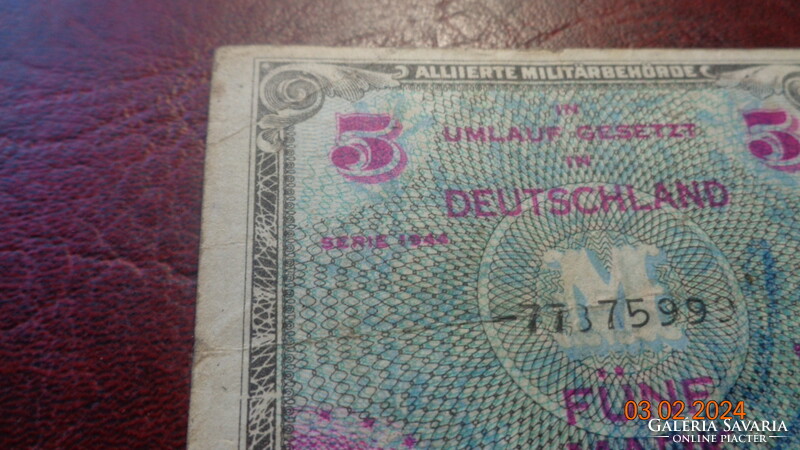 5 Mark  1944 . II. vh végén Szövetségi katonai valuta . német átmeneti pénz