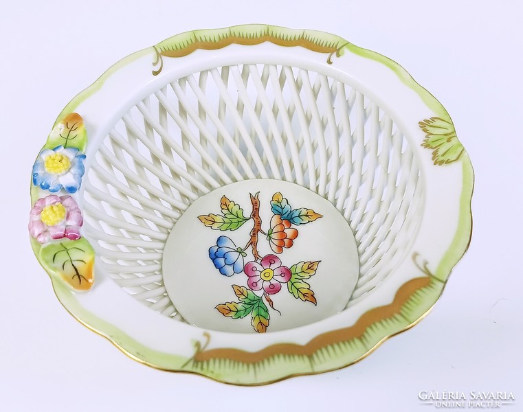 Herendi, openwork basket with viktória (vbo) pattern, hand-painted porcelain, flawless! (B160)