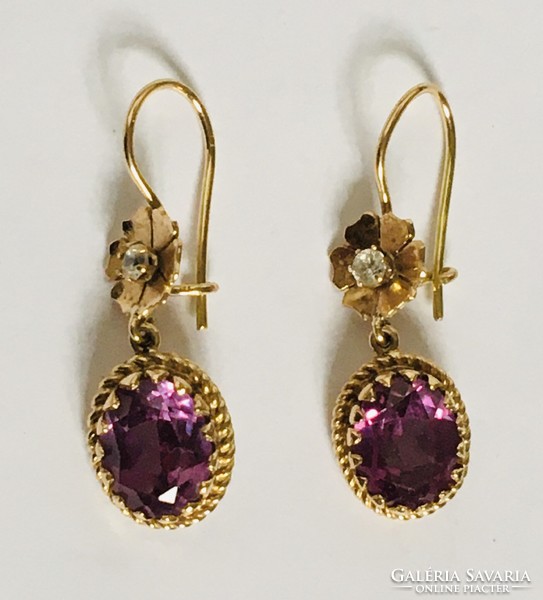 Art Nouveau style gold earrings flower amethyst purple stone