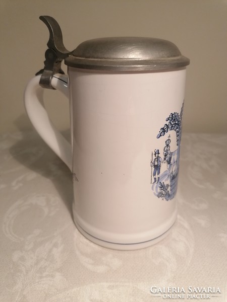 Vintage themed German porcelain beer mug, pewter top, marked.