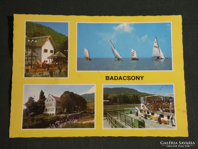 Postcard, Balaton, Badacsony, mosaic details, Kisfaludy wine house, restaurant, view, harbor, sailing ship