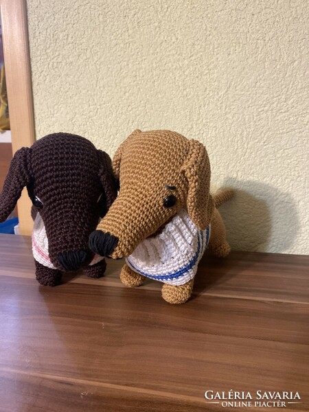 Dachshund dog with a crocheted hoodie