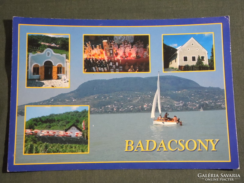 Postcard, Balaton, Badacsony, mosaic details, Kisfaludy wine house, restaurant, view, wine bar, sailing ship