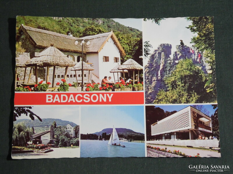 Postcard, Badacsony, mosaic details, small village house, wine bar, post office, restaurant, stone bags, sailing ship