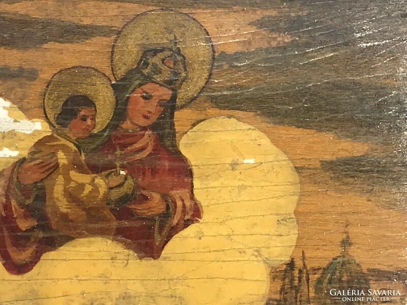 1938-ból szignált Budapest védő Szűz Mária a kisdeddel ábrázolással festett fa doboz