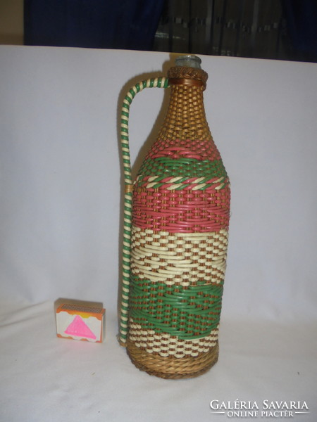 Régi dróttal és vesszővel fonott üveg palack - piros-fehér-zöld - 31,5 cm