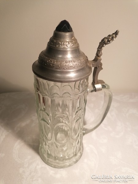 Antique glass beer mug. Laced pewter lid with polished purple crystal glass insert. Marked!